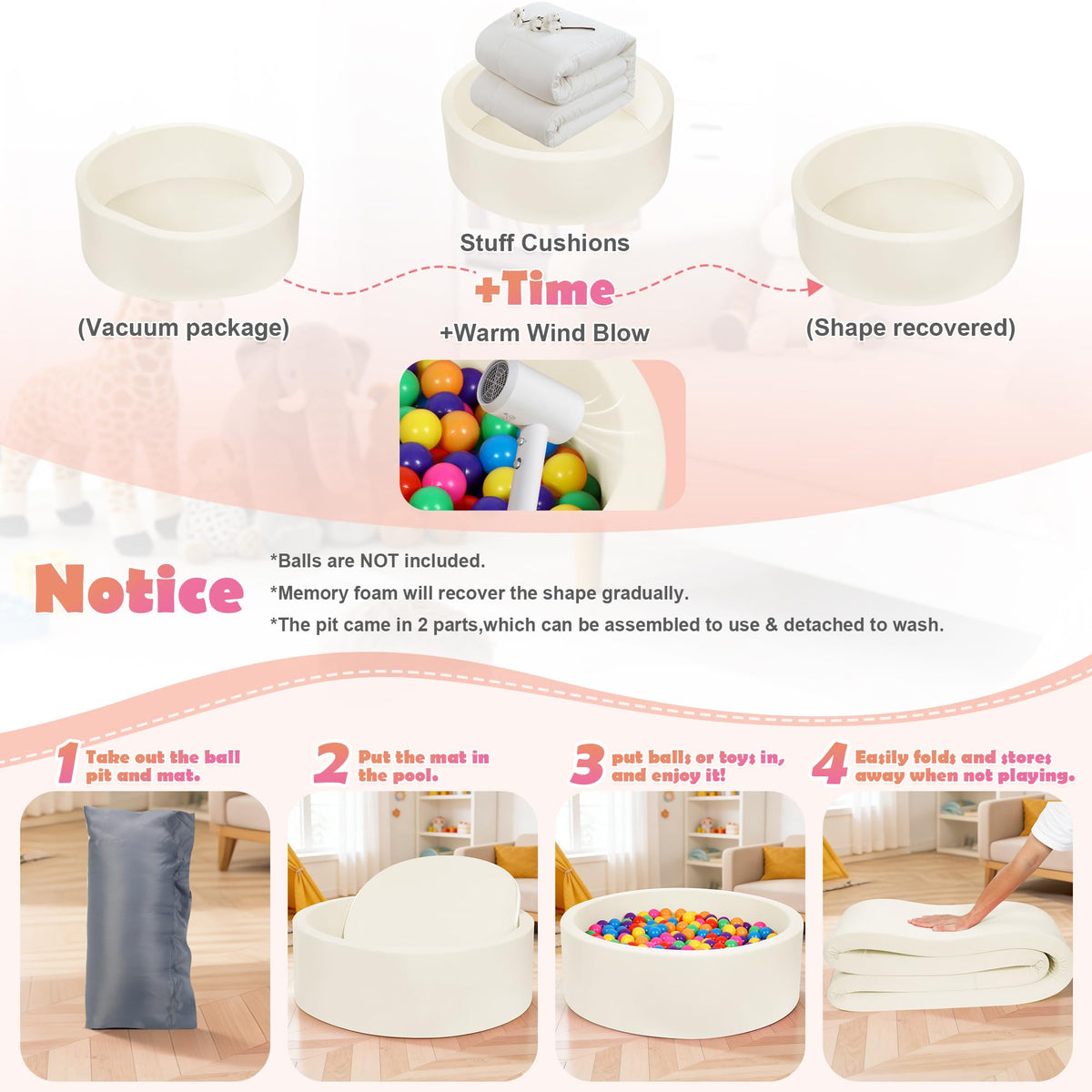 Baby Foam Ball Pit, 35.4"x 11.8" Ball Pits for Toddlers White