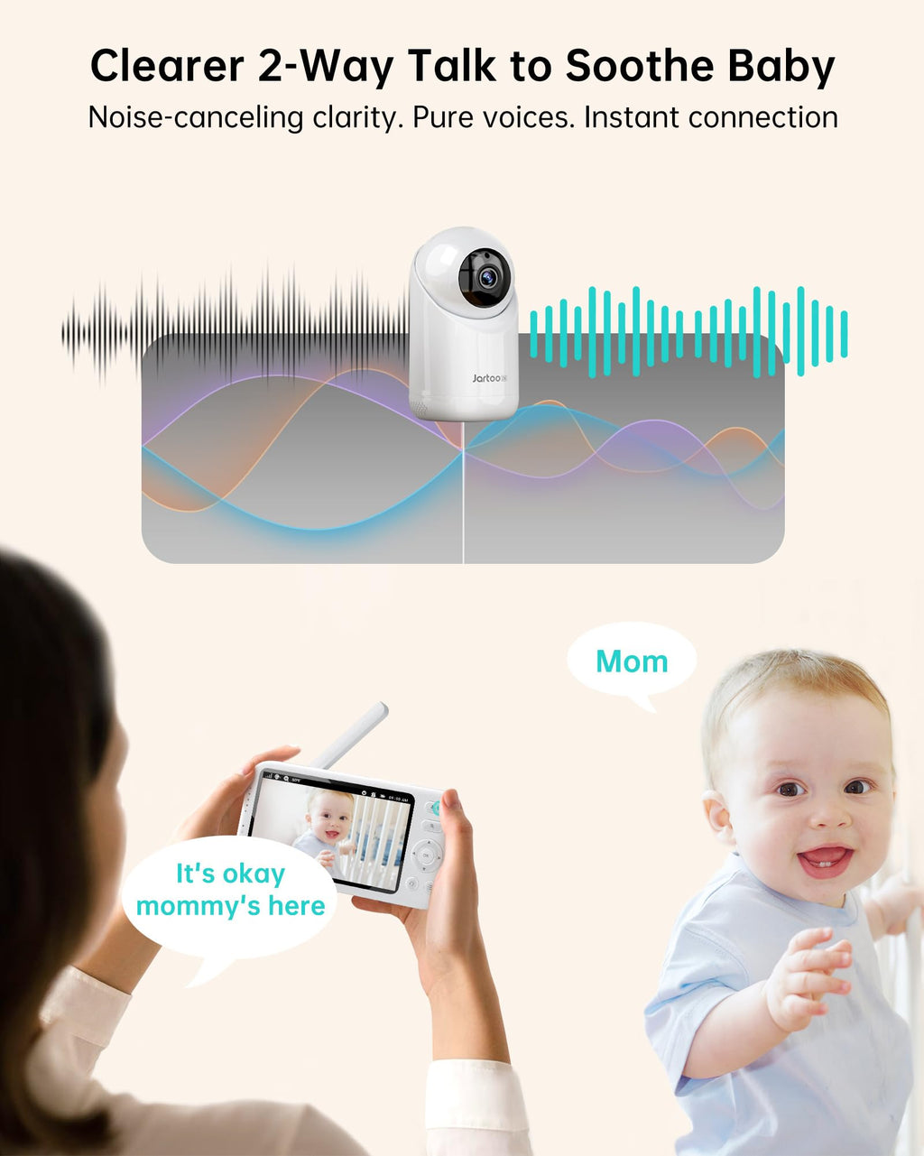 Jartoo 2K Video Baby Monitor with Camera and Audio, 1860ft Long Range Baby Monitor No WiFi 5.5" FHD Screen ANC Baby Camera Wireless, Feeding Clock, Night Vision, 2-Way Talk, AI Cry Detect, 6000mAh