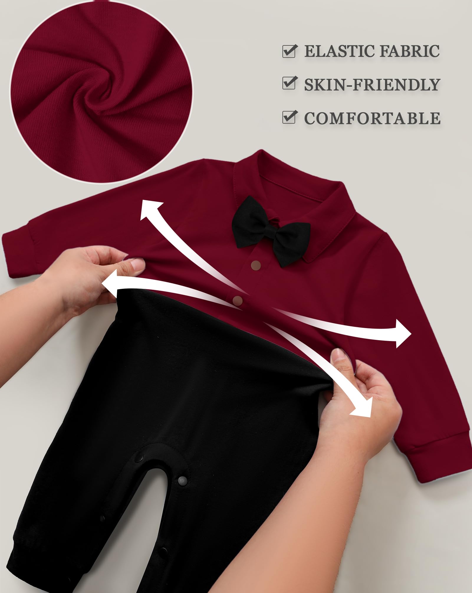 mikiumkee Baby Boy Suit Gentleman Clothes Wedding Outfits Formal Jumpsuit Long Sleeve Romper+Vest Wine Red 18-24 Months