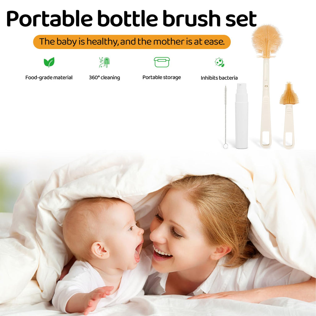 HOEREV Portable Baby Silicone Bottle Brush Set Include Pacifier Brush, Straw Brush, draining Rack, Portable Box