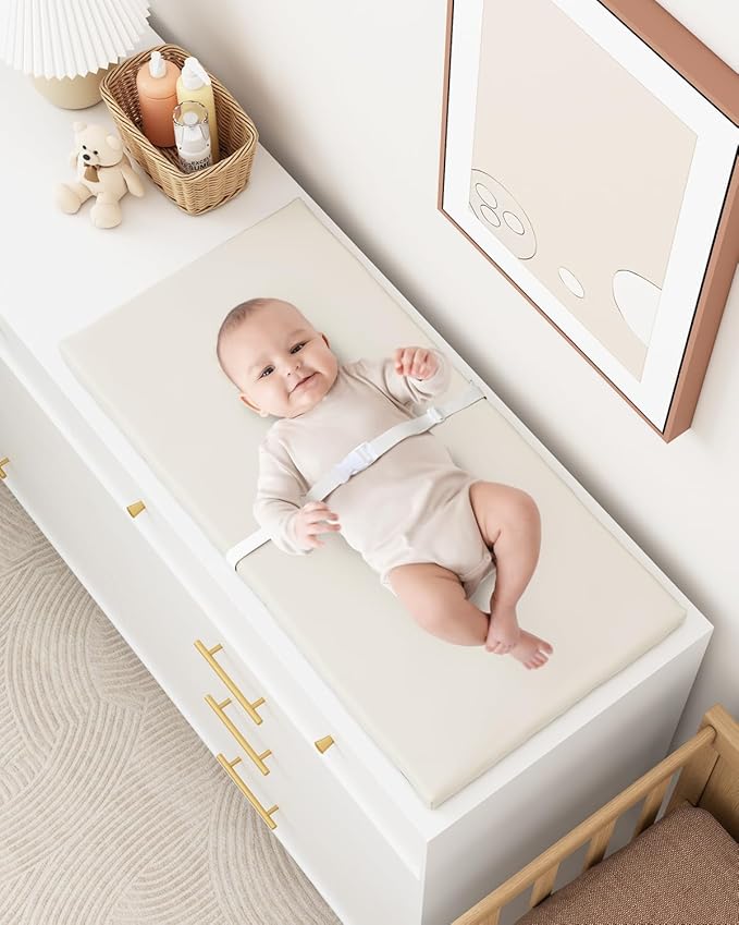 Wipeable Baby Changing Pad for Dresser and Table, Cozy Diaper Changing Pad with Waterproof & Wipe-Clean Leather Cover, Standard Size (31.5" L x 15.8" W), Off-White