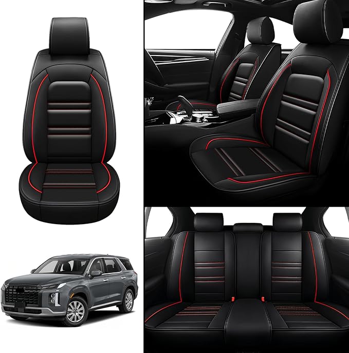 Seat Covers for Hyundai Car Palisade 2020-2025 | 5-Seats Leather Seat Covers, Easy to Install Automotive Seat Covers Full Set (Full Set, Black&Red Line)