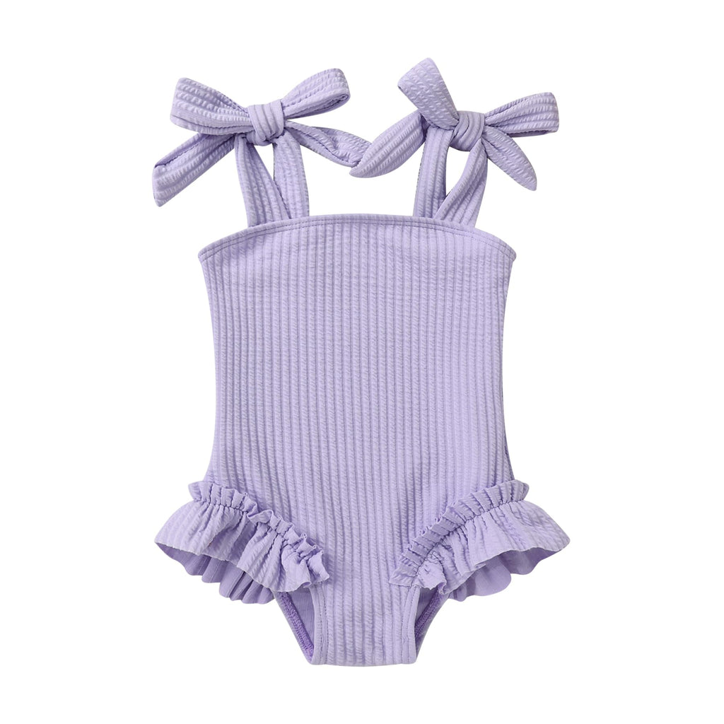 Toddler Swimsuit Girl Solid Color Stripe One-Piece Baby Bathing Suits (Purple, 9-12 Months)