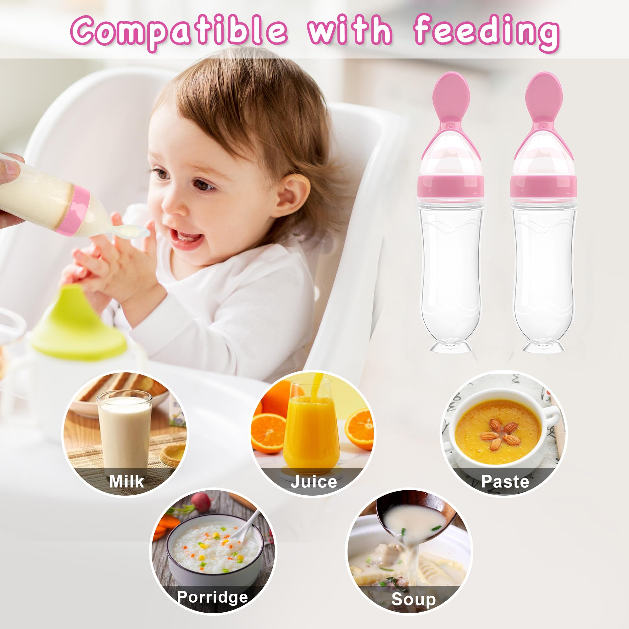 WAJIAYON Baby Food Feeder 4 Pack Silicone Baby Food Dispensing Spoon-3 oz Squeeze Feeding Spoons with Suction Cup for Boys Girl Kids Toddlers - Self Feeding Bottle Spoon-Pink