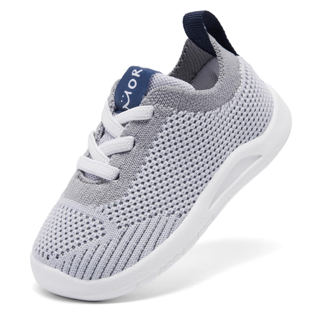 MORENDL Toddler Shoes Baby Walking Sock Shoes Infant Sneakers Boy Girl Barefoot Tennis Shoe Non-Slip Brethable Silver Grey 15-18 Months