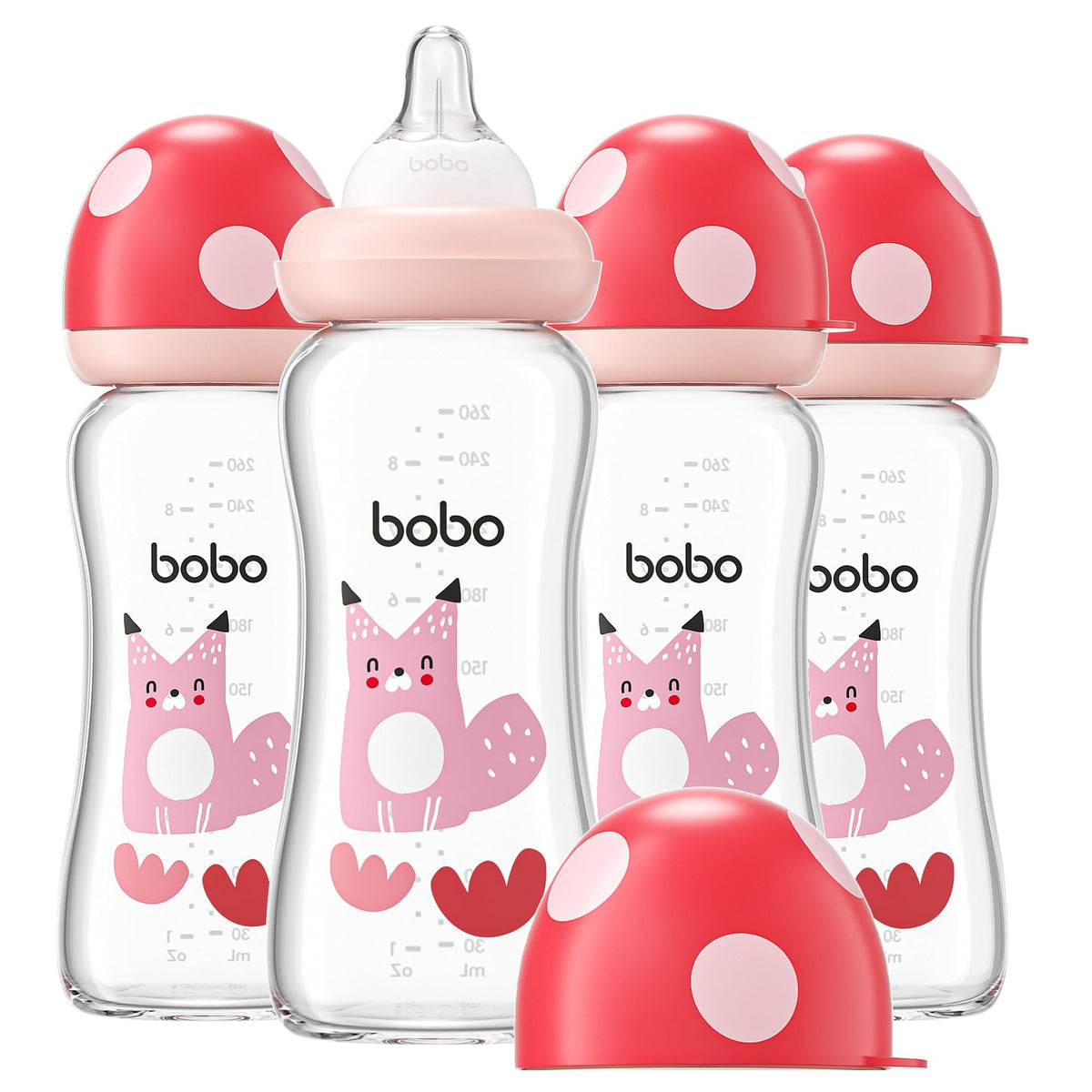 YOHKOH Natural Glass Baby Bottles, 8.8oz Red-A 4‑Pack