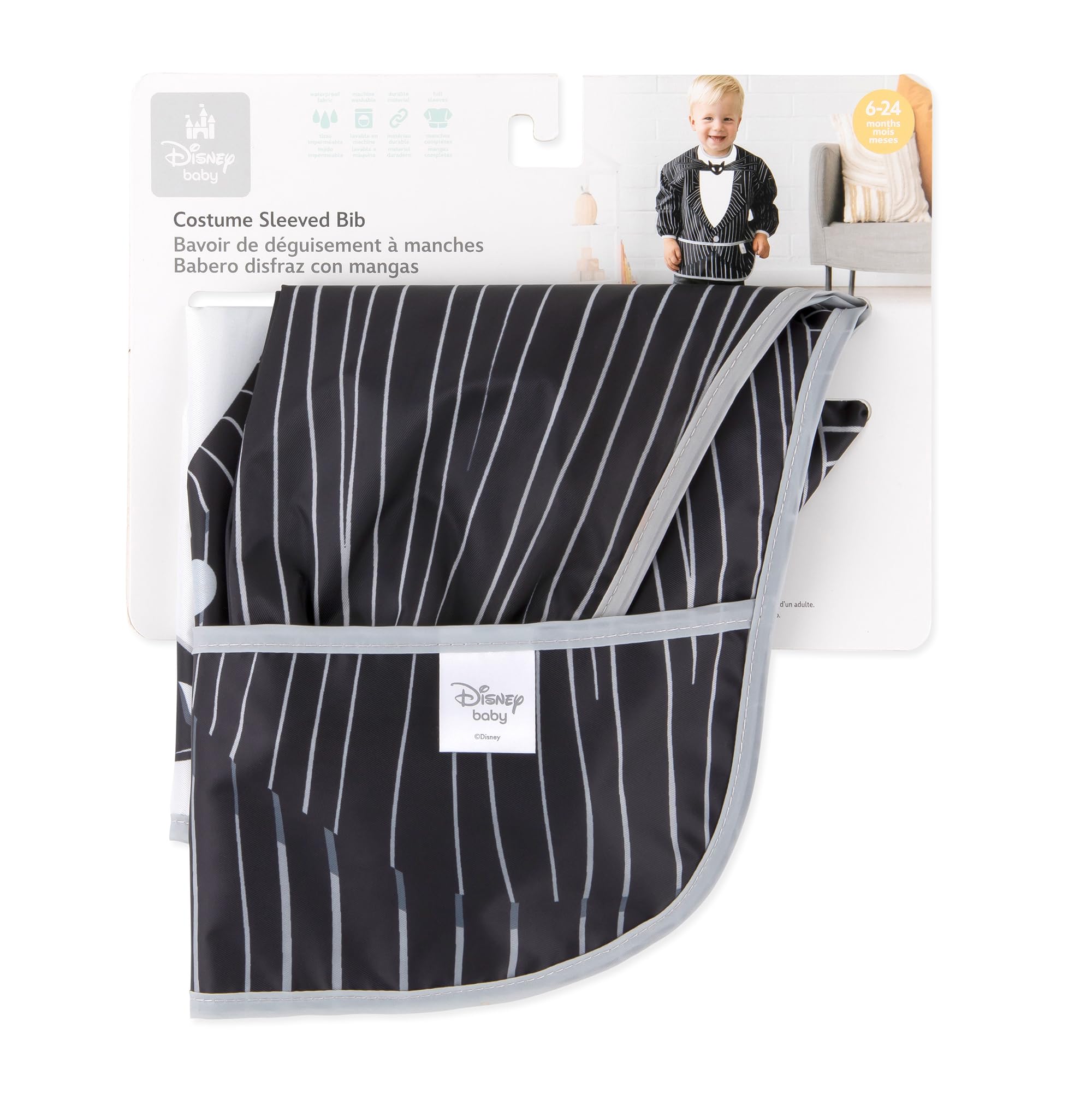 Bumkins Disney Sleeved Bib for Girl or Boy, Baby and Toddler for 6-24 Mos, Essential Must Have for Eating, Feeding, Baby Led Weaning Supplies, Long Sleeve Mess Saving Food Catcher, Jack Skellington