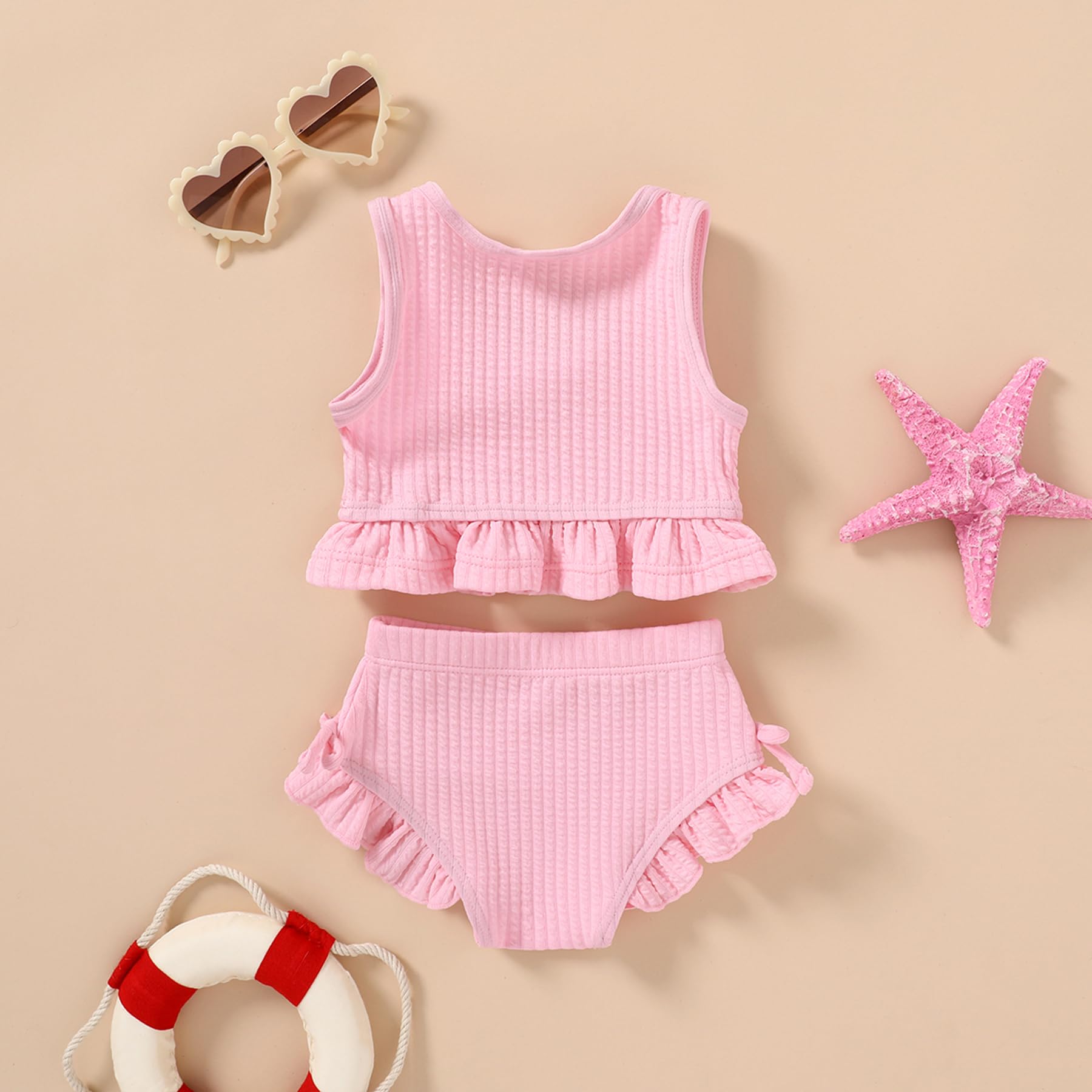HAPPYMA Baby Swimsuit Toddler Girl Bathing Suit Summer Solid Color Bikini Set Beach Two Piece Swim Wear (Pink, 6-12 Months)