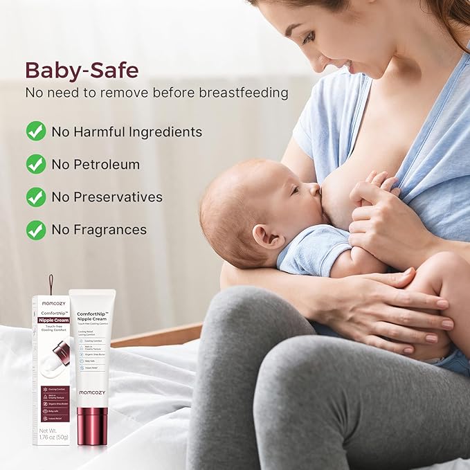Momcozy ComfortNip™ Cooling Comfort & Touch Free Nipple Cream, Nipple Cream for Breastfeeding, Instant Relief, Plant-Based Formula, Newborn Essentials with Cooling Ceramic Applicator, 1.76oz