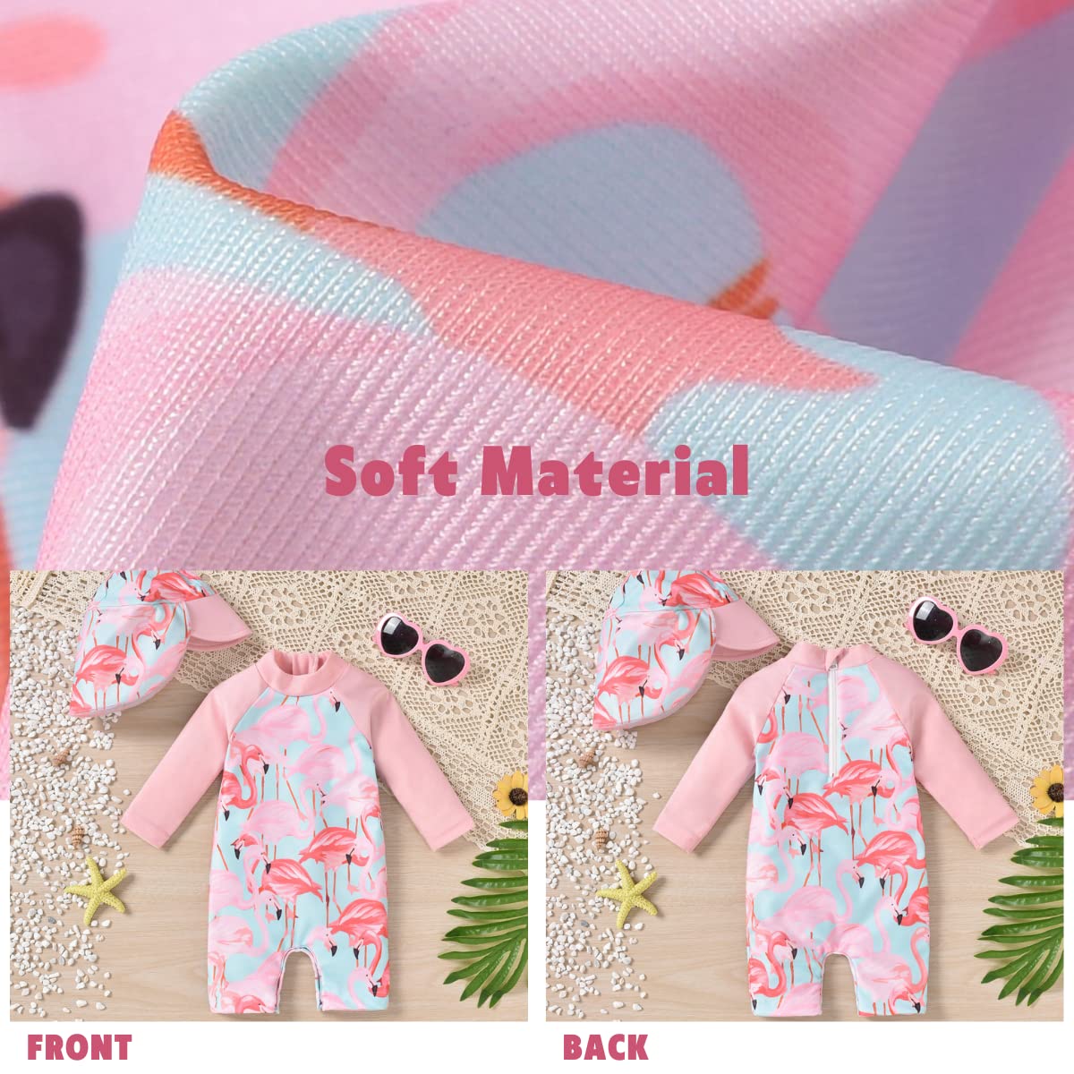 0-3 Months Newborn Infant Baby Girls One Piece Long Sleeve Swimsuit Flamingo Bathing Suit Swimwear Beach Wear Pink