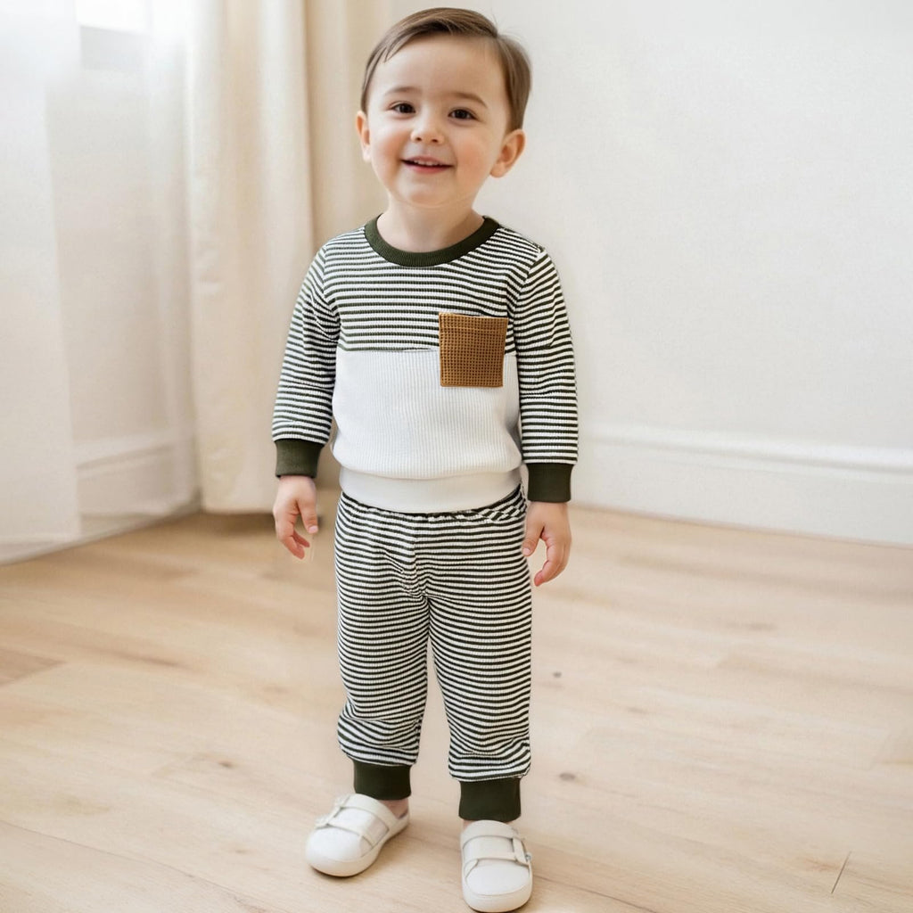 Fufuriprefer Toddler Baby Boy Fall Clothes Waffle outfit Long Sleeve Top Jogger Pant Set (A-Army Green, 0-6 Months)