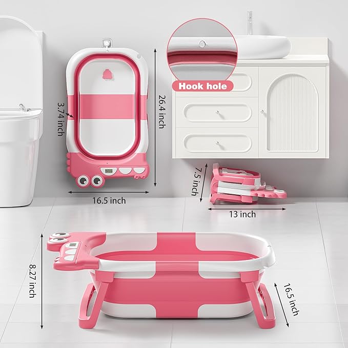 Collapsible Baby Bathtub for Newborn, Foldable Baby Bath Tub with Thermometer & Soft Floating Cushion & Drain Hole, Portable Travel Infant Bath Tubs for Newborns to Toddler 0-36 Months Girl, Pink