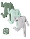 PATPAT Baby Footies Boys Girls - Bamboo Viscose - 2 Way Zipper & Non-Slip Soles Romper Mitten - Footed & Footless Infant Clothes Unisex Jumpsuit 2 Pack Olive/Cyan/Grey 3-6 Months Green/Blue