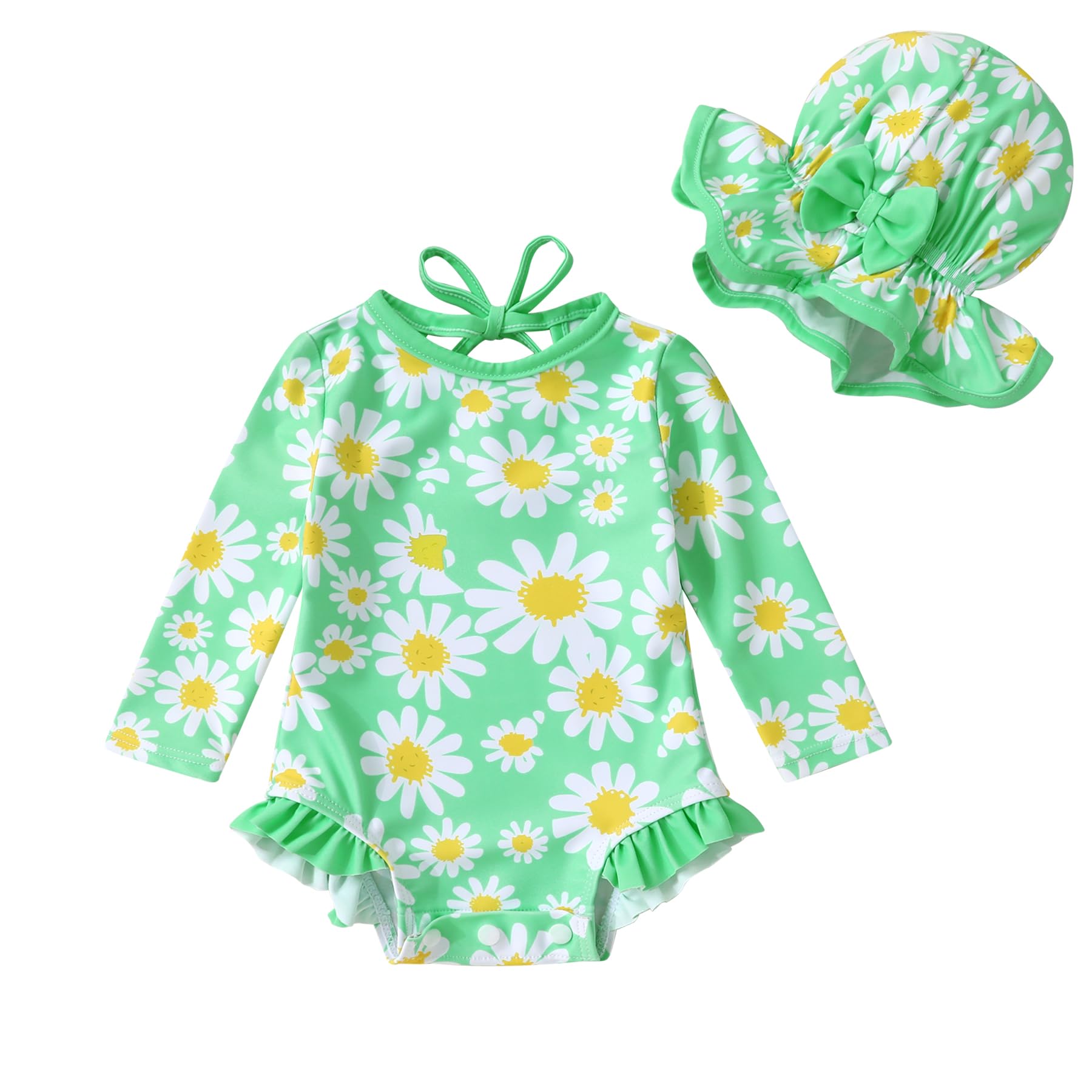 Infant Baby Girls Long Sleeve One Piece Swimsuit with Hat Floral Zipper Bathing Suit Leopard Beach Wear (Green Edged Daisy，3-6Months)