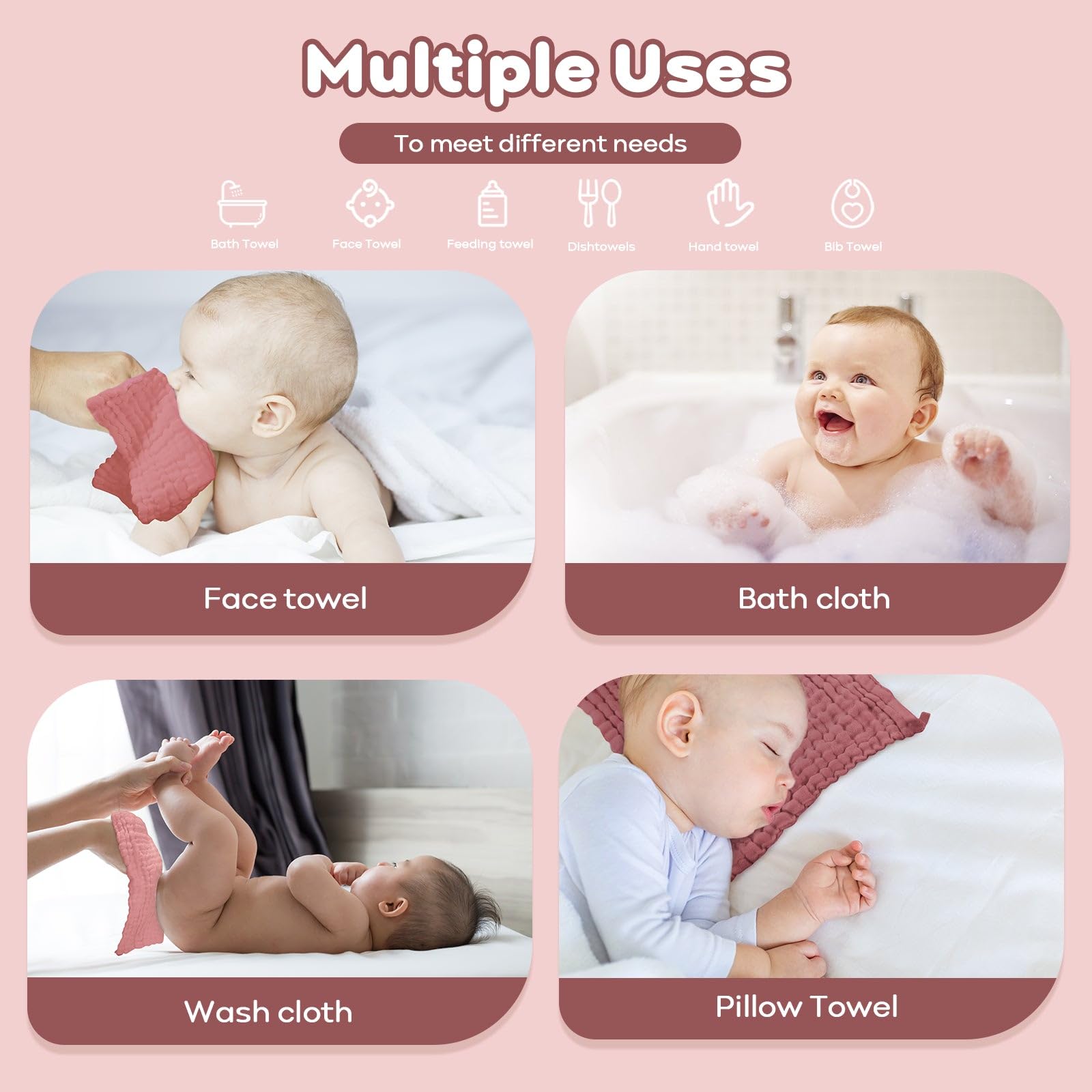Yoofoss Muslin Baby Washcloths 100% Organic Cotton Face Towels 6 Pack Wash Cloths for Baby 12x12in Soft and Absorbent Baby Wipes (Gradient Pink)