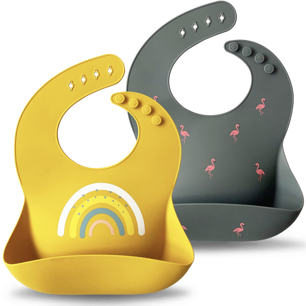 Moonkie Silicone Baby Bibs Set of 2, BPA Free Waterproof Baby Bibs for Eating, Soft Adjustable Silicone Bibs for Babies 6-12 Months, Toddler Bibs with Large Pocket Food Catcher (Dark Grey/Kodak)