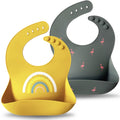Moonkie Silicone Baby Bibs Set of 2, BPA Free Waterproof Baby Bibs for Eating, Soft Adjustable Silicone Bibs for Babies 6-12 Months, Toddler Bibs with Large Pocket Food Catcher (Dark Grey/Kodak)