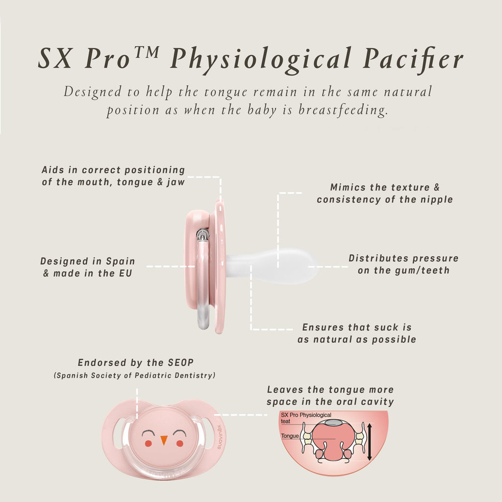 Suavinex Bonhomia SX PRO Physiological Pacifier, Supports Breastfeeding Babies, Pacifiers 0-6 Months, 2 Pack Baby Pacifier, Baby Accessories, (Pink/Beige)