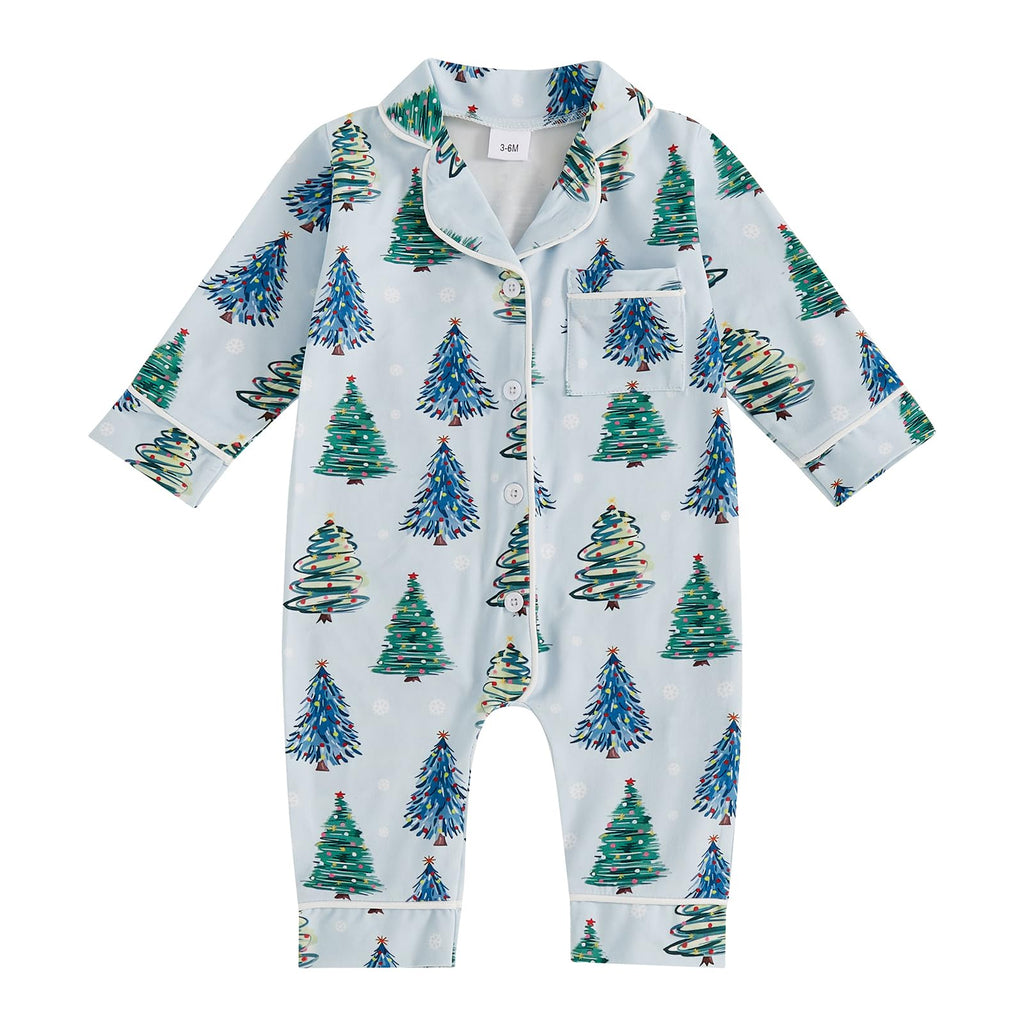 Balaflyie Baby Girl Button Down Pajamas Romper One-Piece Jumpsuit Long Sleeve Sleeper Infant Sleepwear (Christmas Tree&Blue,6-12 Months)