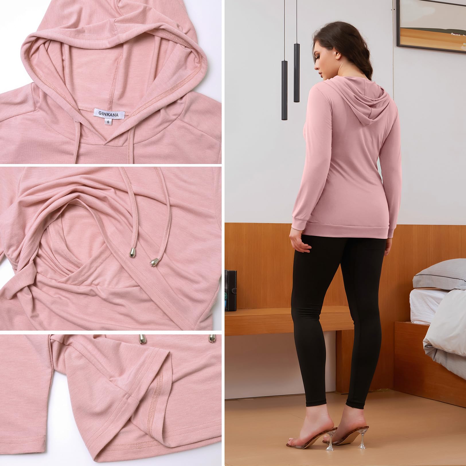 GINKANA Women's Maternity Nursing Shirts Top Long Sleeves Breastfeeding Maternity Tops Casual Clothes,Dark Pink,XXL