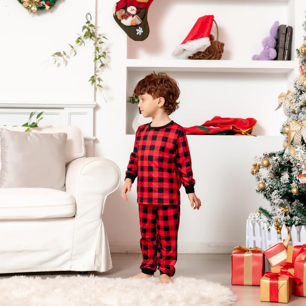 Schbbbta Kids Christmas Plaid Pajamas Boys Girls Button Down Sleepwear Pjs Set, Black Red Plaid, 9-10 Years=Tag 150