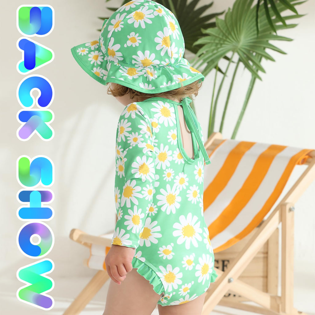 Infant Baby Girls Long Sleeve One Piece Swimsuit with Hat Floral Zipper Bathing Suit Leopard Beach Wear (Green Edged Daisy，3-6Months)