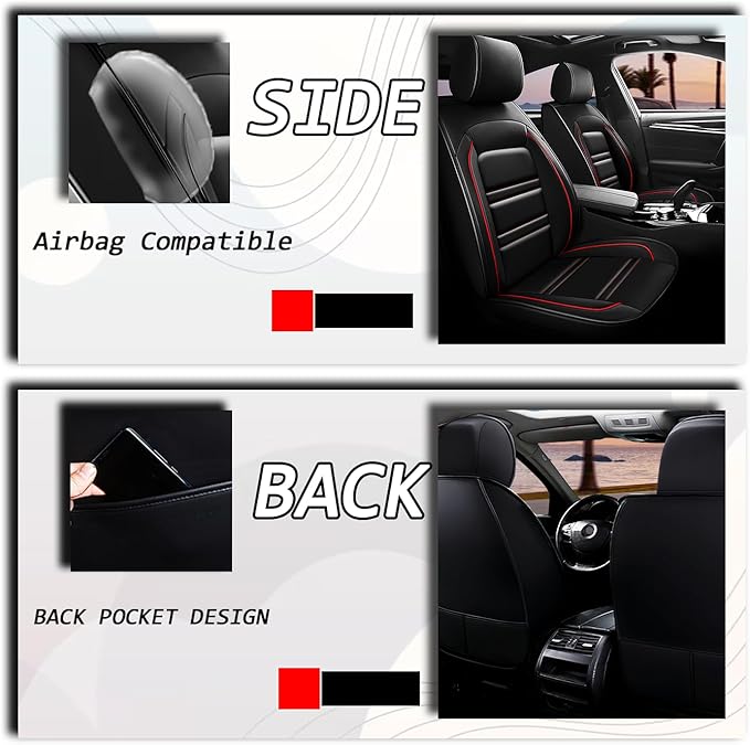 Seat Cover for Nissan Car Versa 2007-2025 | Car Seat Covers Front Seats, Waterproof Seat Protectors, Automotive Front Seat Covers (Front Seat, Black&Red Line)