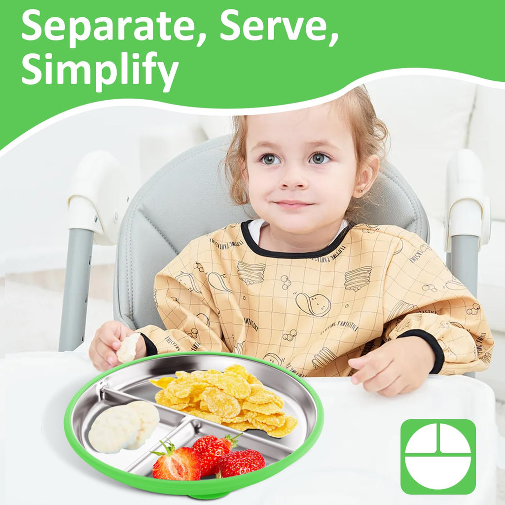 Bakpoco Stainless Steel Suction Plates for Toddlers, 9" Divided Kids Baby Plates with Removable Silicone Suction, Non Toxic Non Slip Portion Control Snack Dishes 3 Packs, Bright Orange/Blue/Green
