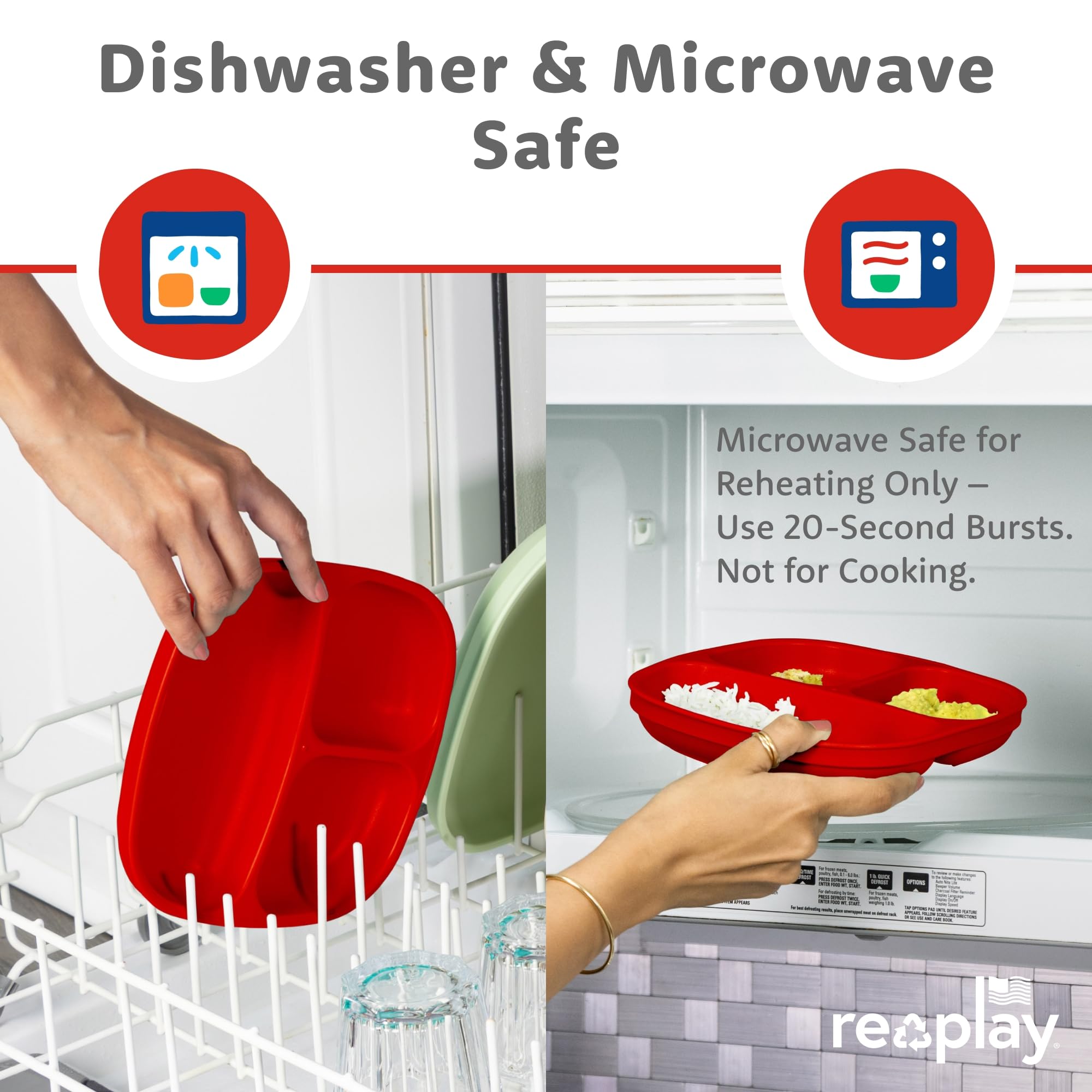 Re-Play Divided Toddler Plates Set of 4 - Deep-Walled 3 Compartment Kids Plates for Picky Eaters - Dishwasher & Microwave Safe - BPA-Free - Made in USA, Red