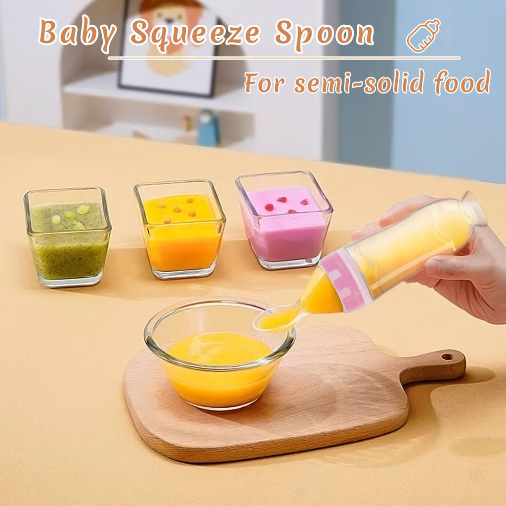 WAJIAYON Baby Food Feeder 4 Pack Silicone Baby Food Dispensing Spoon-3 oz Squeeze Feeding Spoons with Suction Cup for Boys Girl Kids Toddlers - Self Feeding Bottle Spoon-Pink