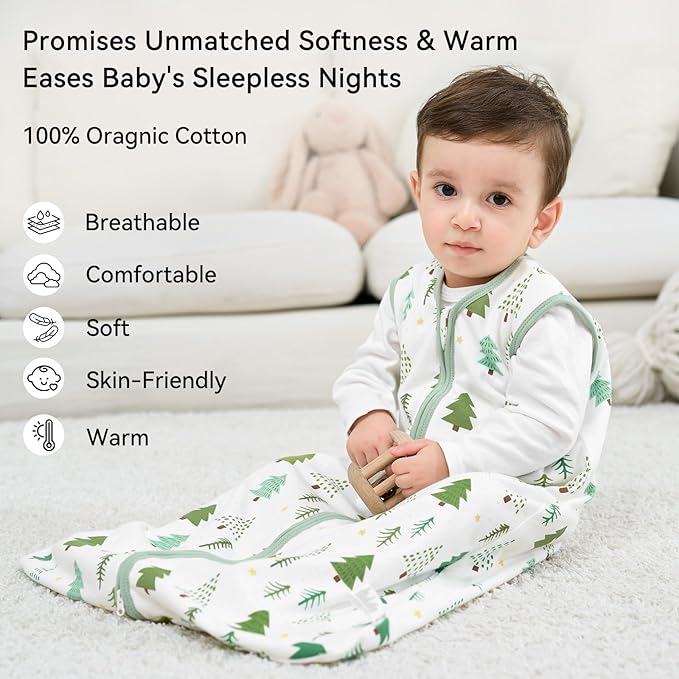 Baby Sleep Sack 0-6 Months 1.0 Tog Baby Wearable Blanket 100% Cotton Sleeping Sack with 2-Way Zipper for Infant Newborn Green Tree
