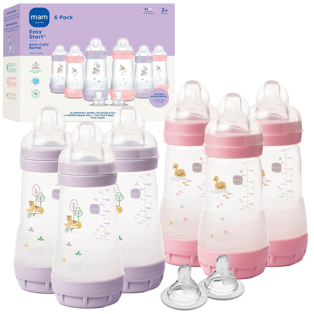 MAM 9oz Easy Start Anti-Colic+ Vented Baby Bottles, 2+ Months, 6 Pack, Girl