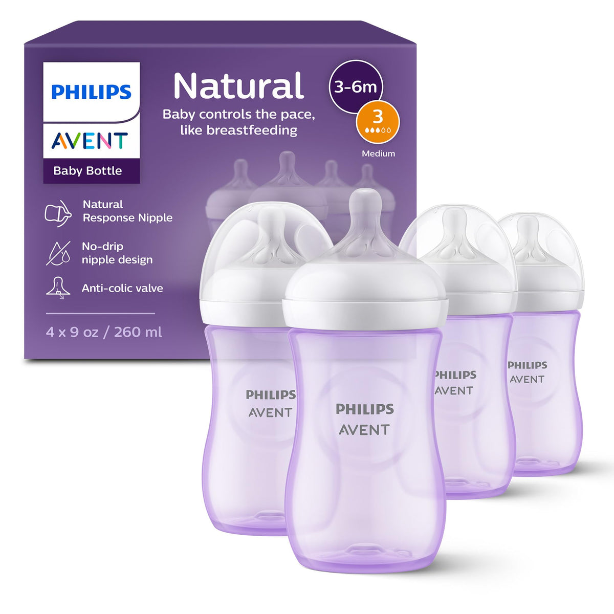 Philips Avent Natural Baby Bottles, Fast Flow, 11 oz, BPA-Free, 4-Pack
