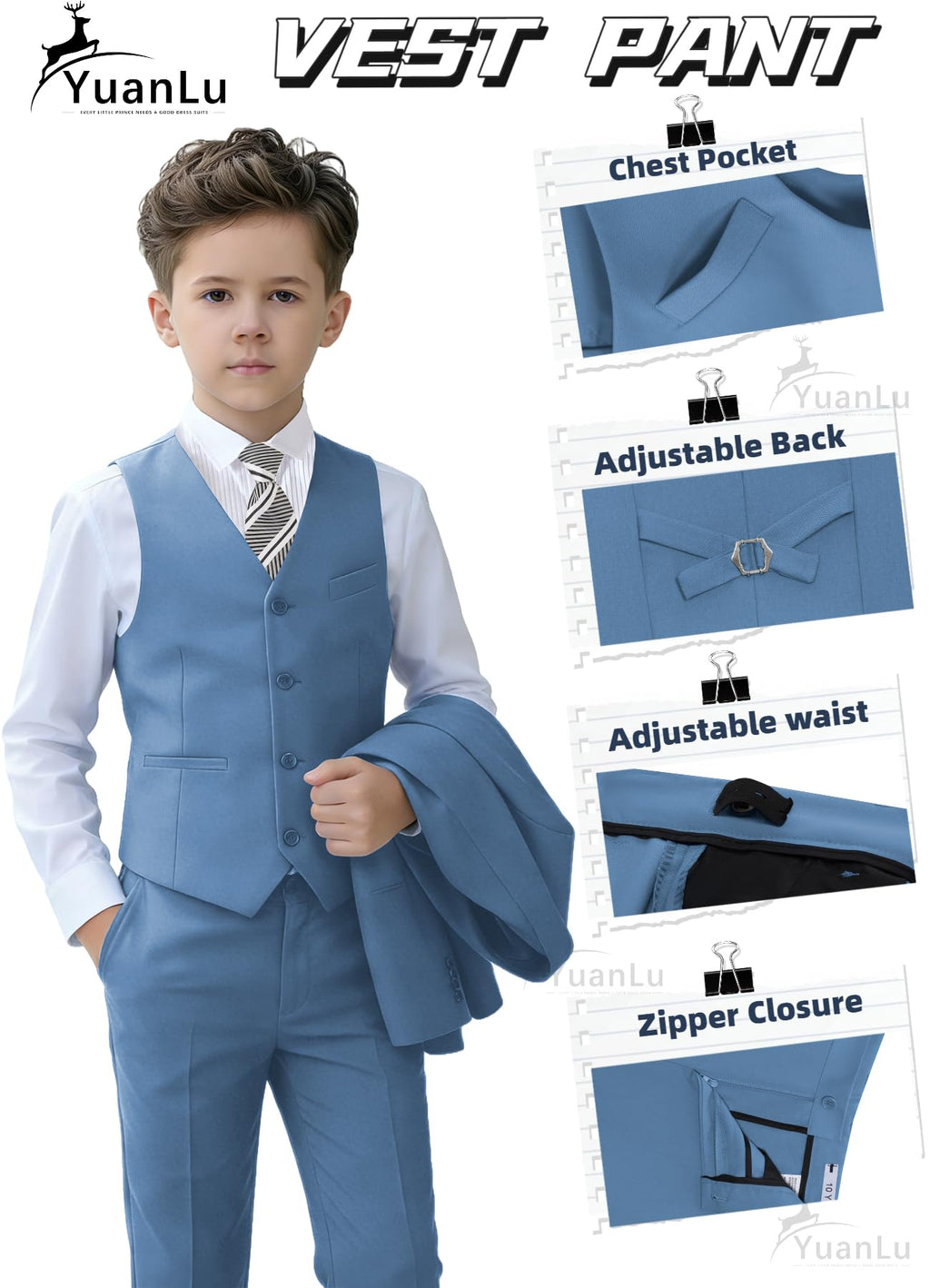 YuanLu Toddler Slim Fit 4T Suit for Boys Blue Grey Dress Outfit Kids Tuxedo
