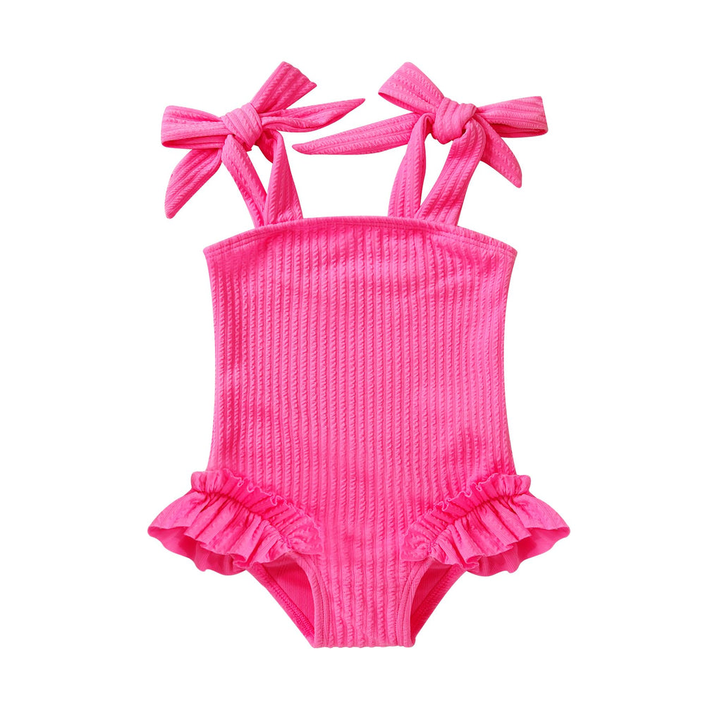 Happy Town Toddler Swimsuit Girl Solid Color Stripe One-Piece Baby Bathing Suits (Solid Hot Pink, 12-18 Months)