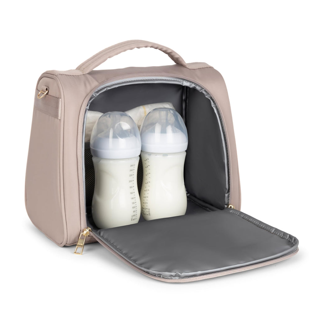 JuJuBe Insulated Bottle Bag, Breastmilk Cooler Bag Fits 3 Baby Bottles, Storage Tote for Nursing Mom, Daycare & Travel, Lunch Bag w/Handle & Shoulder Strap (Taupe)