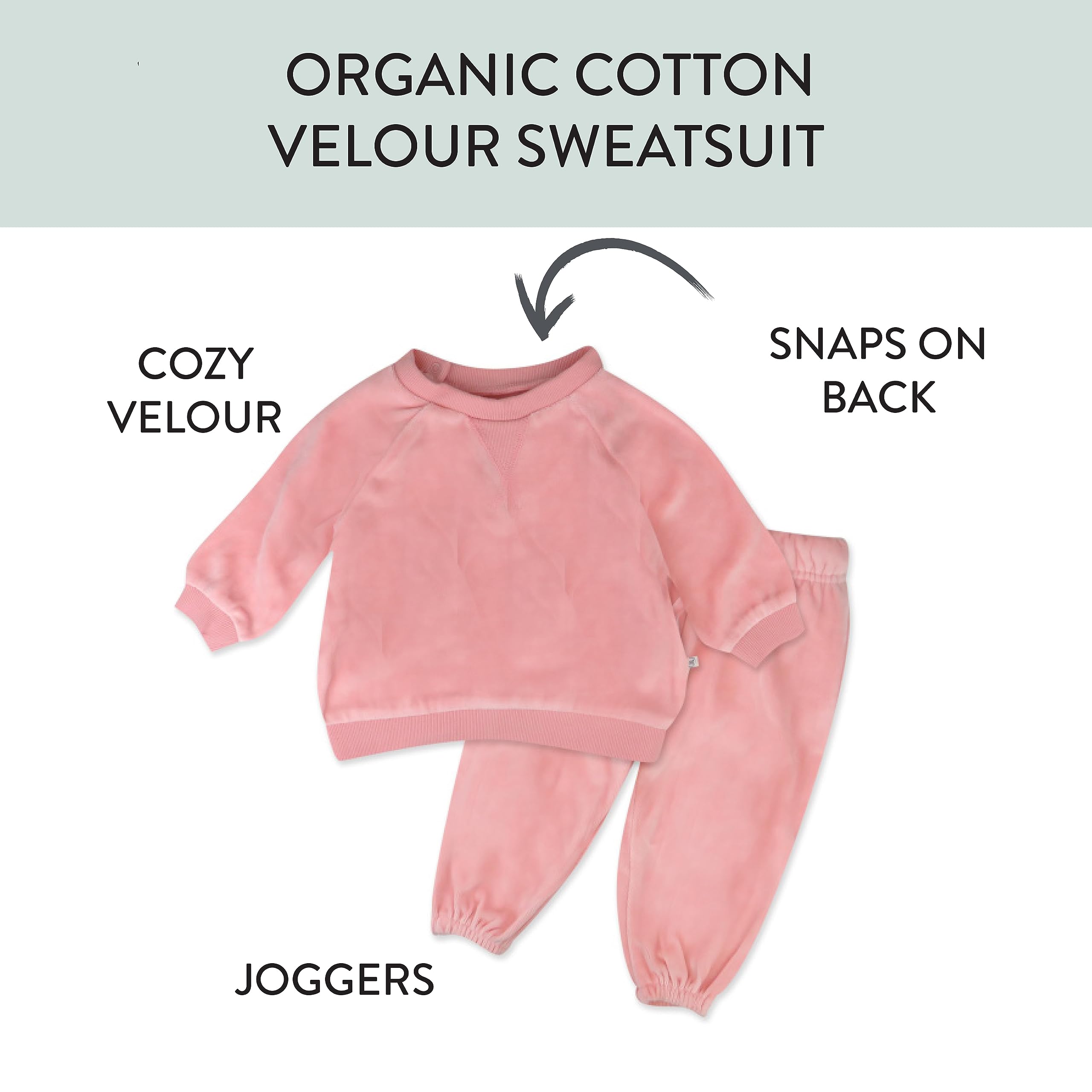 HonestBaby 2-Piece Cozy Velour Sweatshirt and Jogger Sweatpants Set 100% Organic Cotton for Toddler, Baby Boys, Girls, Pink, 12 Months