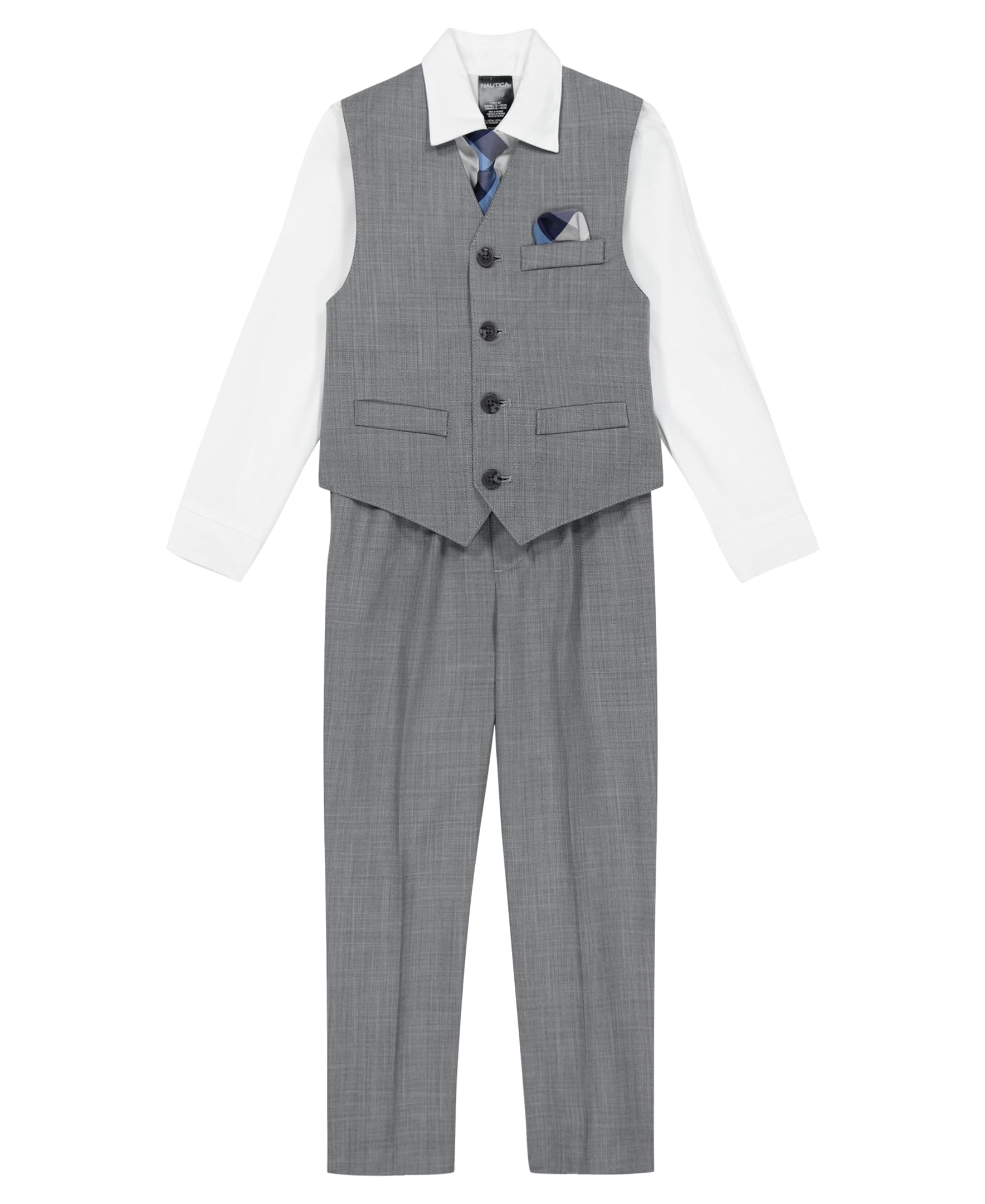 Nautica Boys' 4-piece Vest Set with Dress Shirt, Tie, Vest, and Pants, Light Grey Deco Sharkskin, 12