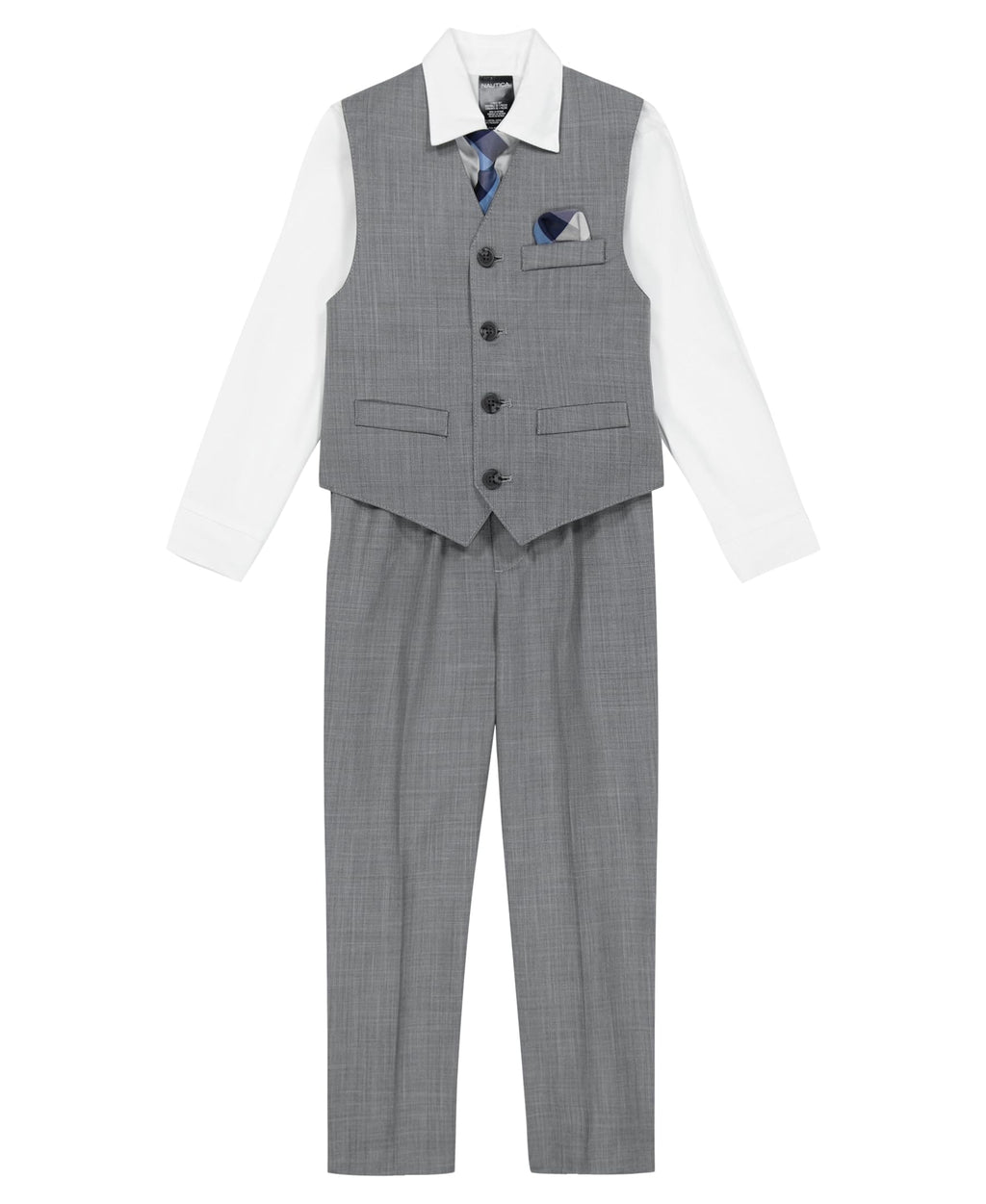 Nautica Boys' 4-piece Vest Set with Dress Shirt, Tie, Vest, and Pants, Light Grey Deco Sharkskin, 7