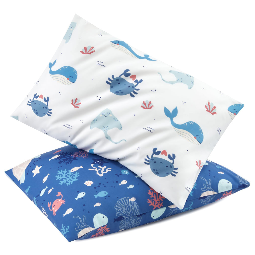 TILLYOU Toddler Pillowcase 2 Pack with Envelope Closure,13" x 18" Silky Soft Microfiber Travel Kids Pillowcase for Boys and Girls, Beach Time Turtle&Manta Ray