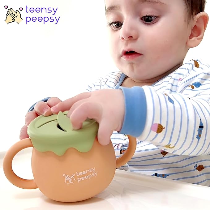 Honey Jar Pot 3-in-1 Silicone Training Cup 8.5oz, Unisex Baby Sippy Cup with Straw & Snack Lid for 6 months+ Break Resistant Open Cup for Toddler Smoothie Drinkware (Harvest Wood)