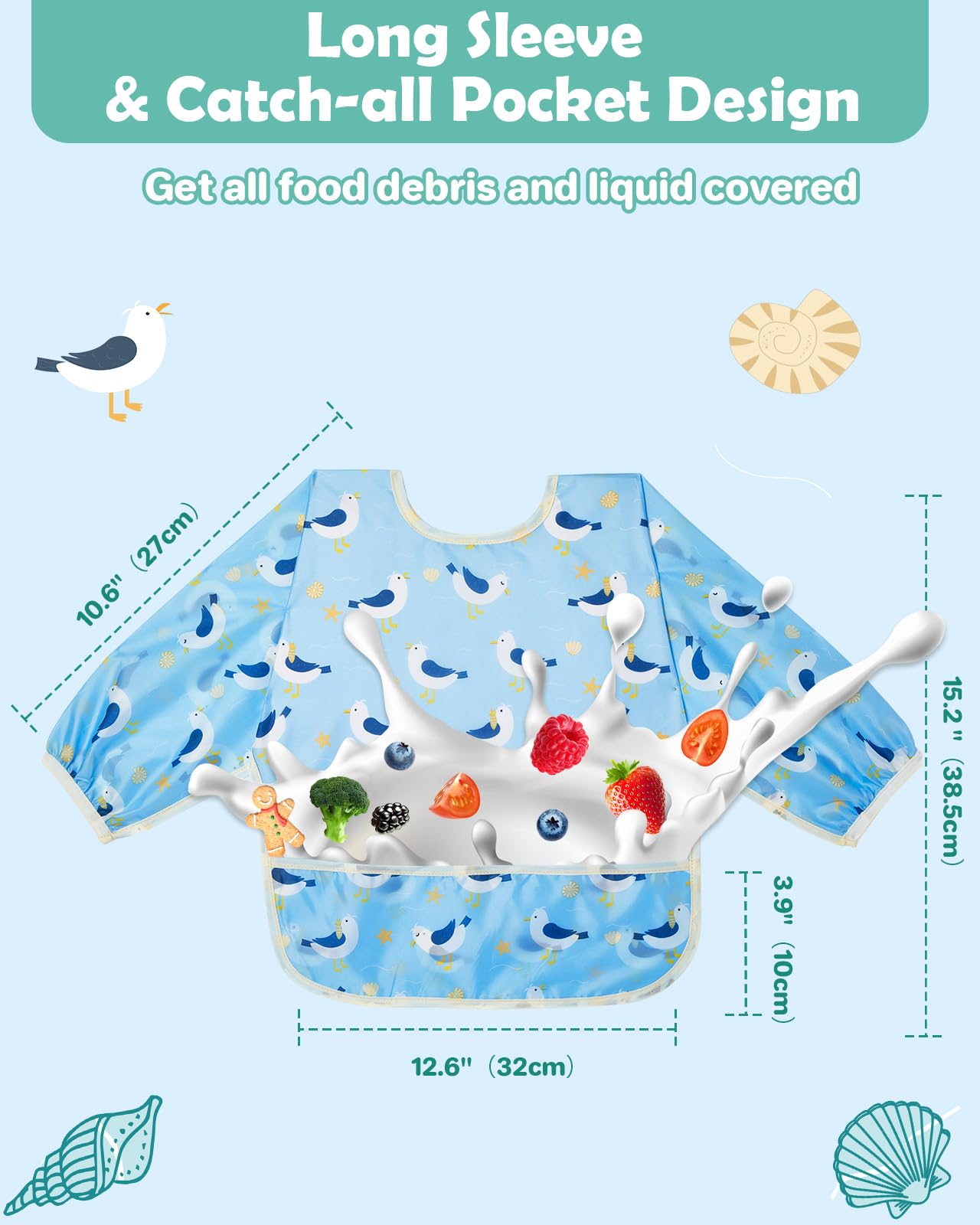 Lictin Baby Bibs for Boys Girls - Long Sleeve Bib, Waterproof Toddler Bibs, 0-24 Months Neutral Baby Smock for Eating (Dark Blue/Wathet/Blue/Green/Brown, 0-24 months)