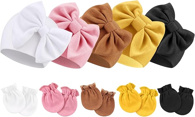 BQUBO Newborn Baby Girls Hats Mittens Set Hospital Hat Beanie Infant Bow Hats Baby Cotton Gloves for 0-6 Months