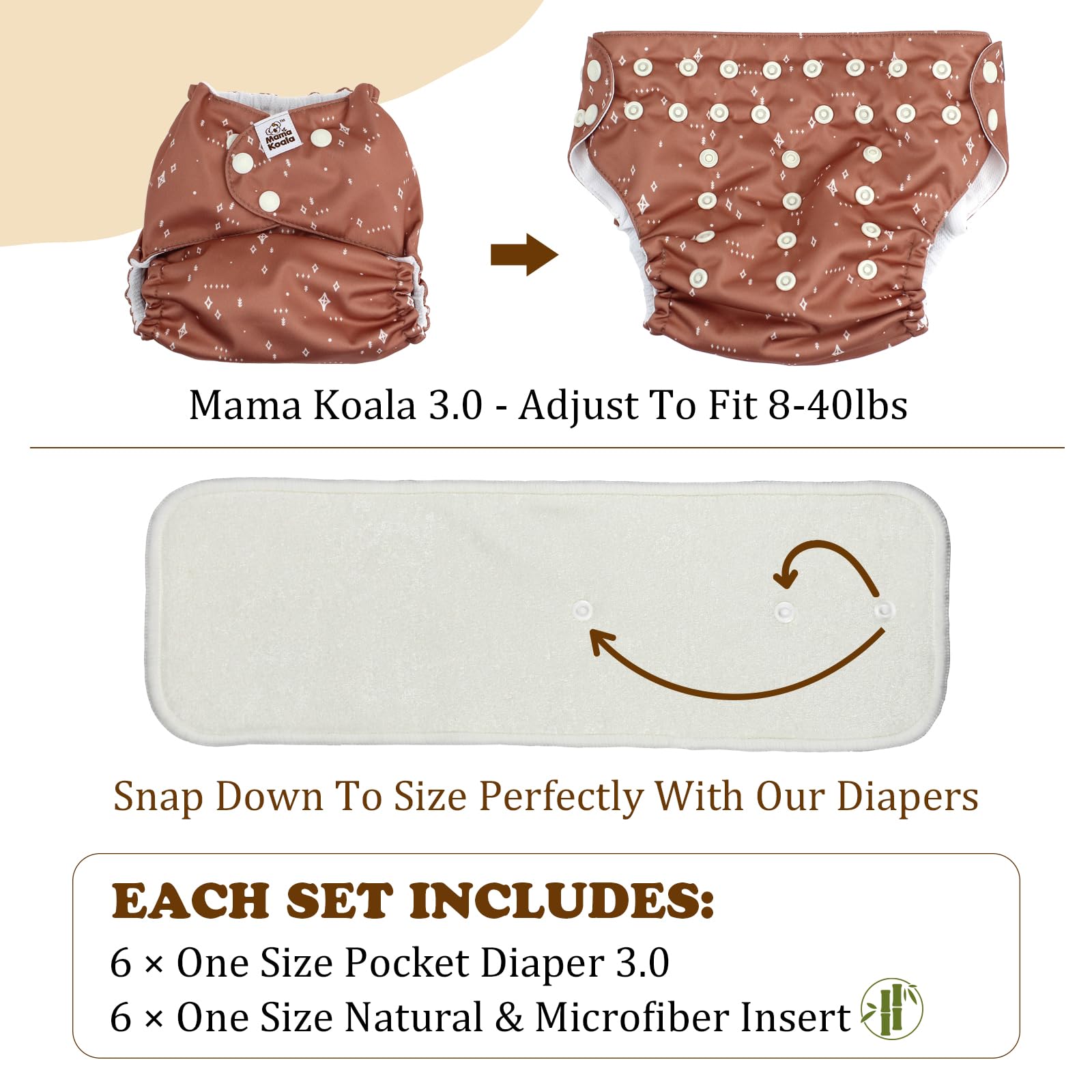 Mama Koala 3.0 Cloth Diapers for Babies with AWJ Lining, 6 Pack with 6 Natural Cloth Diaper Inserts - Reusable and Washable Pocket Diapers (Light Lavender)