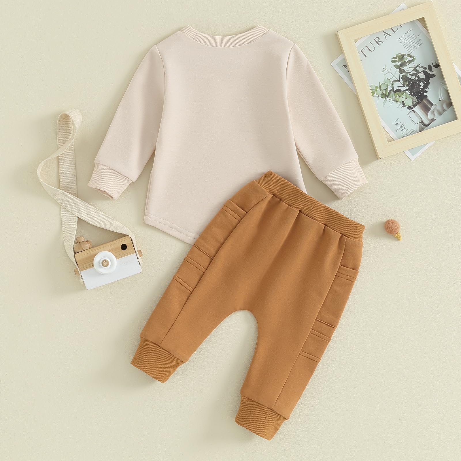 Kuriozud Toddler Baby Boy Clothes Crewneck Pullover Sweatshirt with Pocket Jogger Pants Set Fall Winter Outfit (Pocket Apricot, 2-3T)