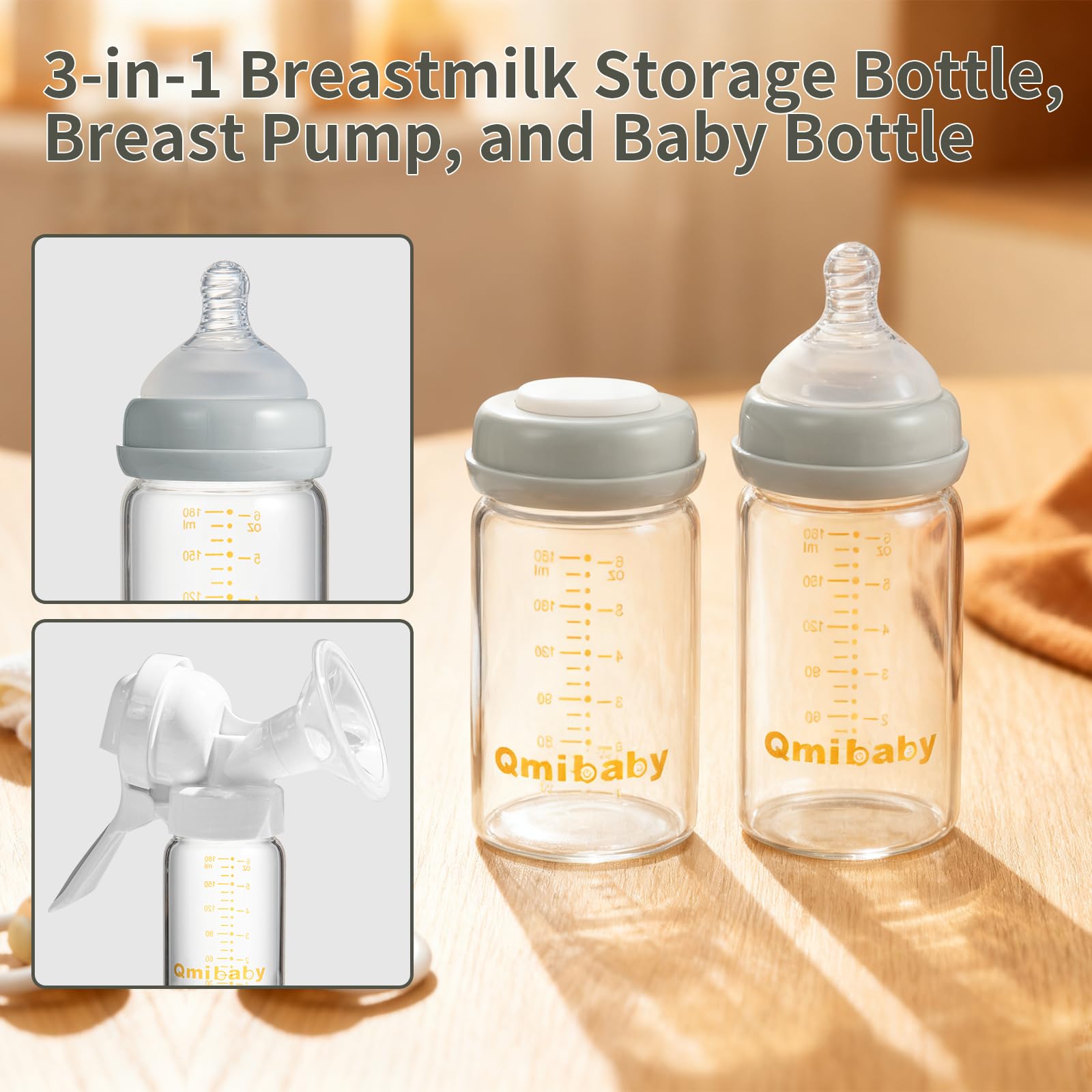 Qmibaby Glass Breastmilk Storage Bottles 180ml 6oz BPA-Free Leak-Proof Natural Baby Bottle for Breastmilk Storage Wide Neck Bottles with Screw Ring Sealing Disk Breastfeeding (Grey, 180ml-2Packs)