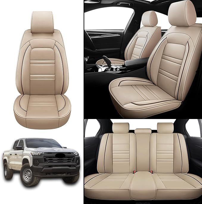 Seat Covers for Chevy Colorado 2004-2025 | 5-Seats Leather Seat Covers, Easy to Install Automotive Seat Covers Full Set (Full Set, Beige)