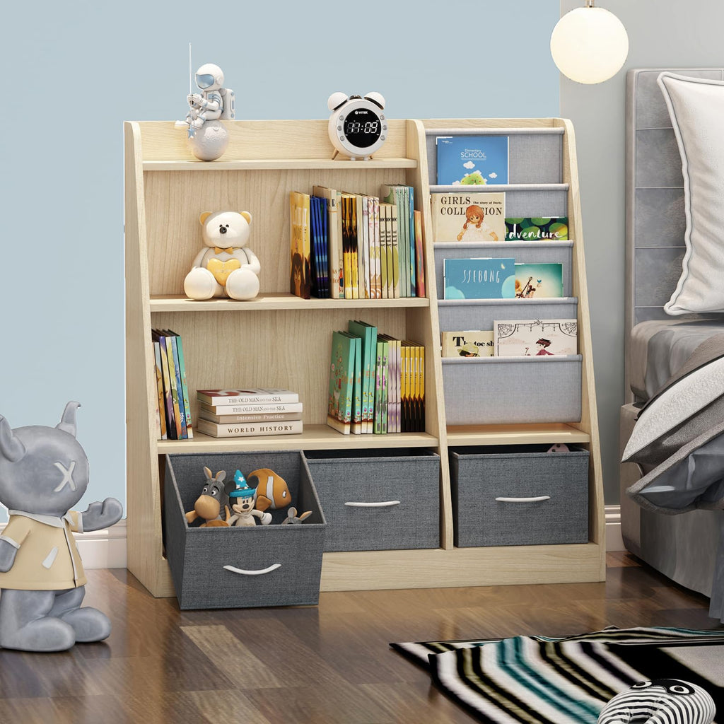 HedoAjim Kids Bookshelf Wood Montessori Toy Storage Organizer Cabinet Shelf Child Bookcase Toddler Baby Sling Book Rack 3 Cube Bin Fabric Drawers for Playroom Bedroom Nursery School