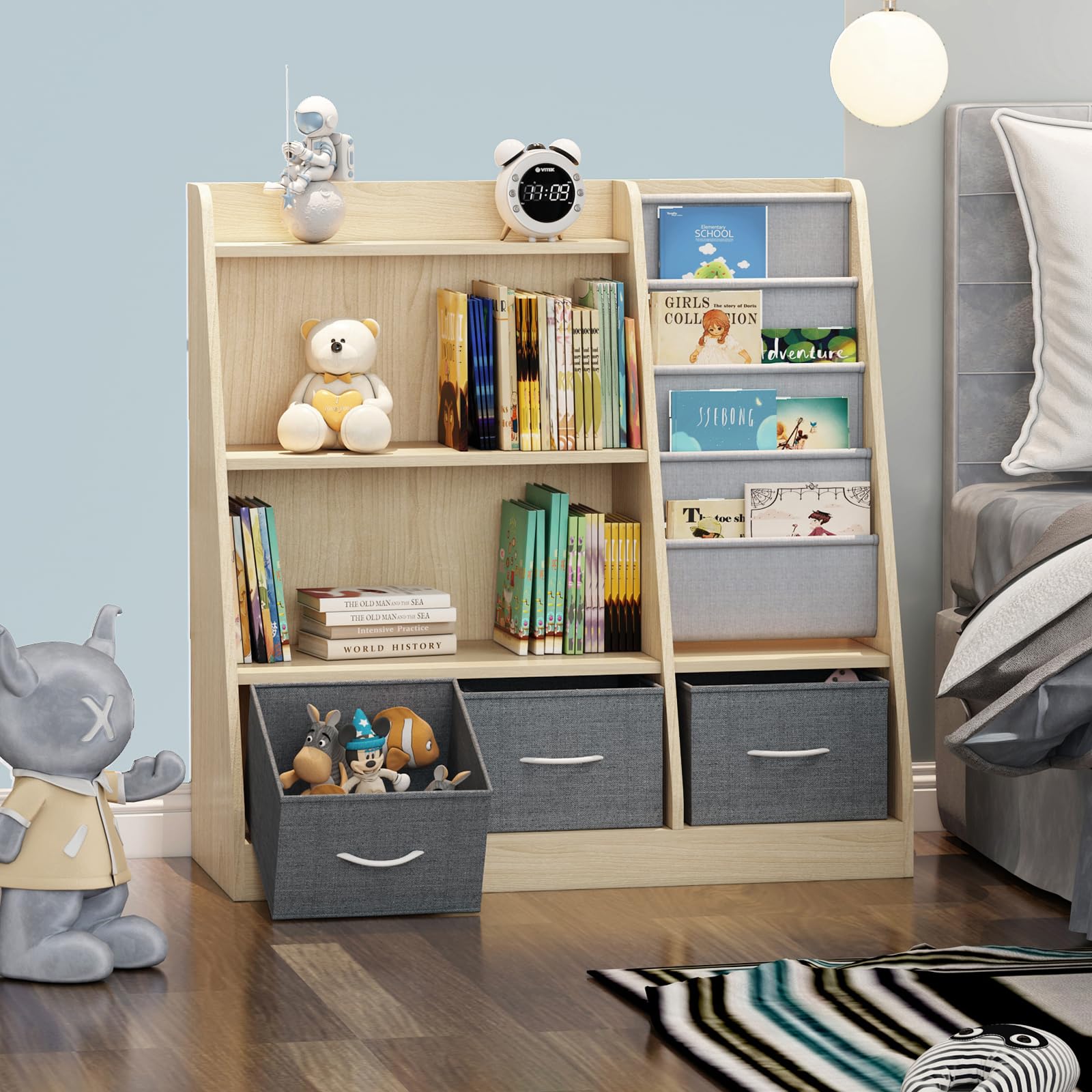HedoAjim Kids Bookshelf Wood Montessori Toy Storage Organizer Cabinet Shelf Child Bookcase Toddler Baby Sling Book Rack 3 Cube Bin Fabric Drawers for Playroom Bedroom Nursery School