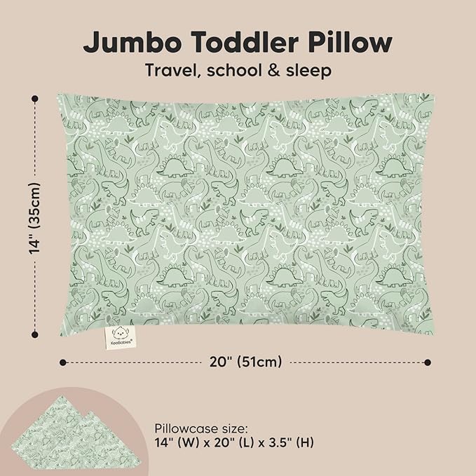 KeaBabies Toddler Pillow with Pillowcase, Jumbo 14X20 - Soft Organic Cotton Toddler Pillows for Sleeping - Machine Washable - Perfect for Travel, Toddler Bed Set (DinoDood)